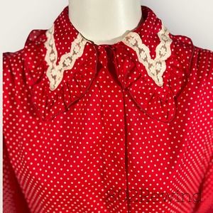 Vintage Emmanuel Schvili (6) Blouse Red Polka-Dot Lace Ruffle Collar Cottage